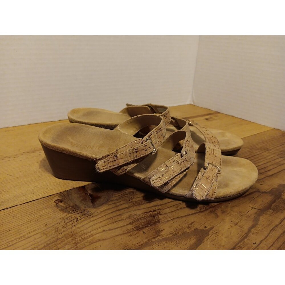 Vionic Orthaheel 381 Dwyn Womens US 11 Cork Gold Slide Wedge Comfort Sandals
